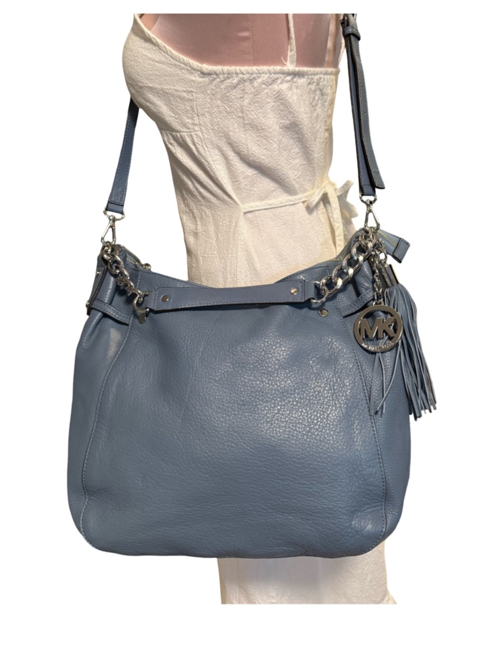 Michael Kors Dusty Blue Leather Shoulder Hobo with Chain & Tassel